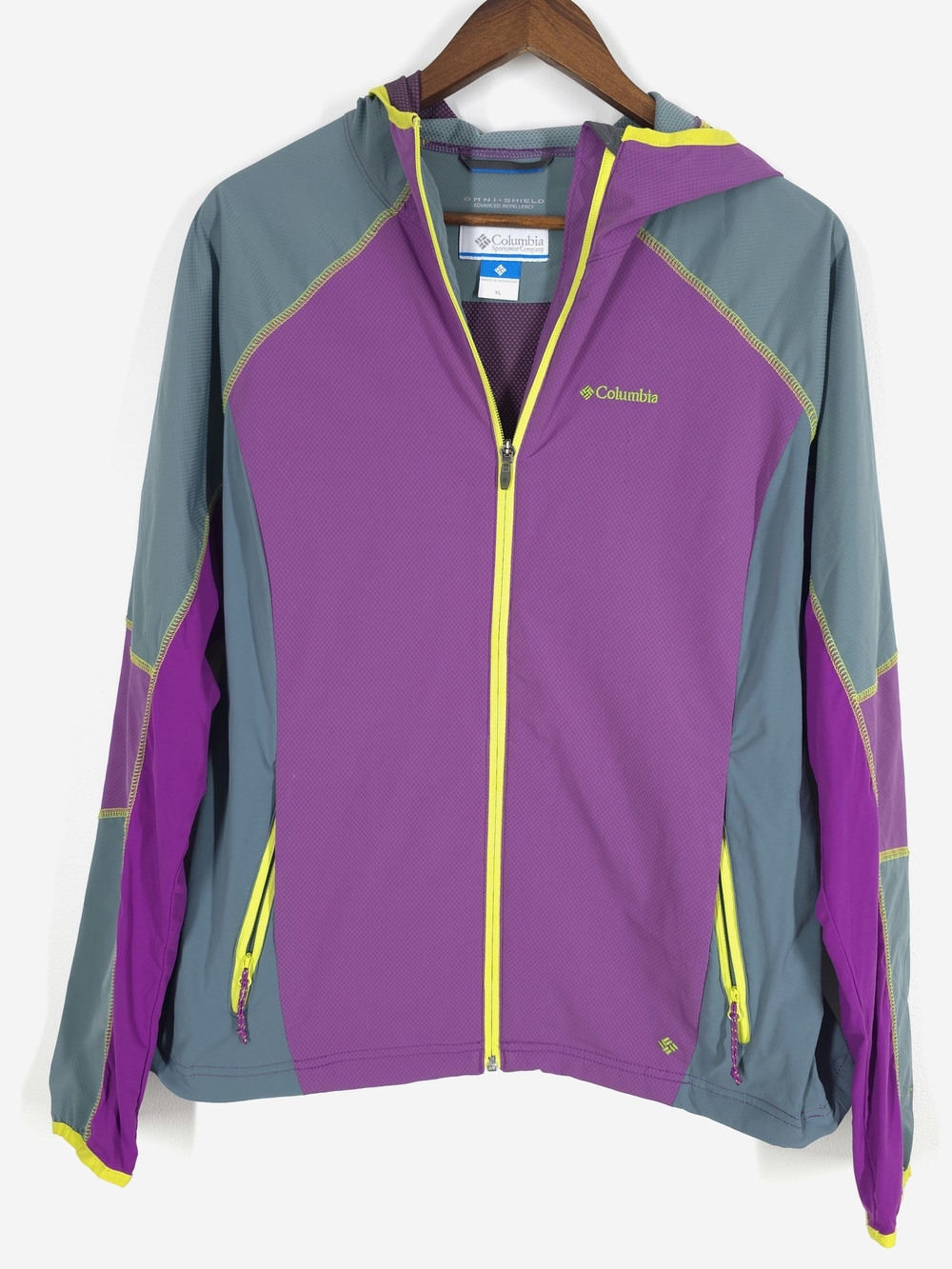 Columbia Omni-Shield Women’s XL Hooded Running Jacket Purple Gray Neon